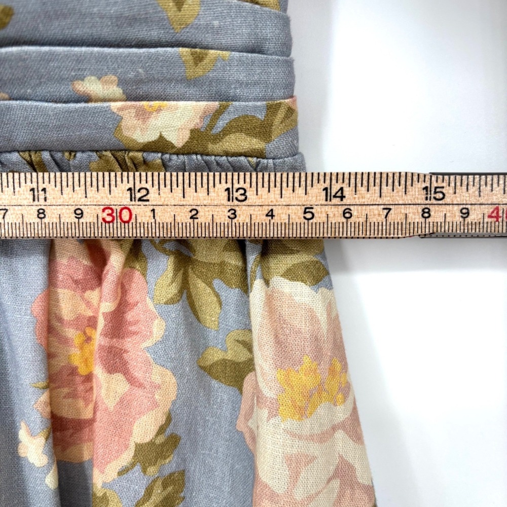 Yumi Kim Gayle Dress Sz XS Blue Pink Linen Blend Floral Puff Sleeve V Neck Midi - Picture 15 of 16
